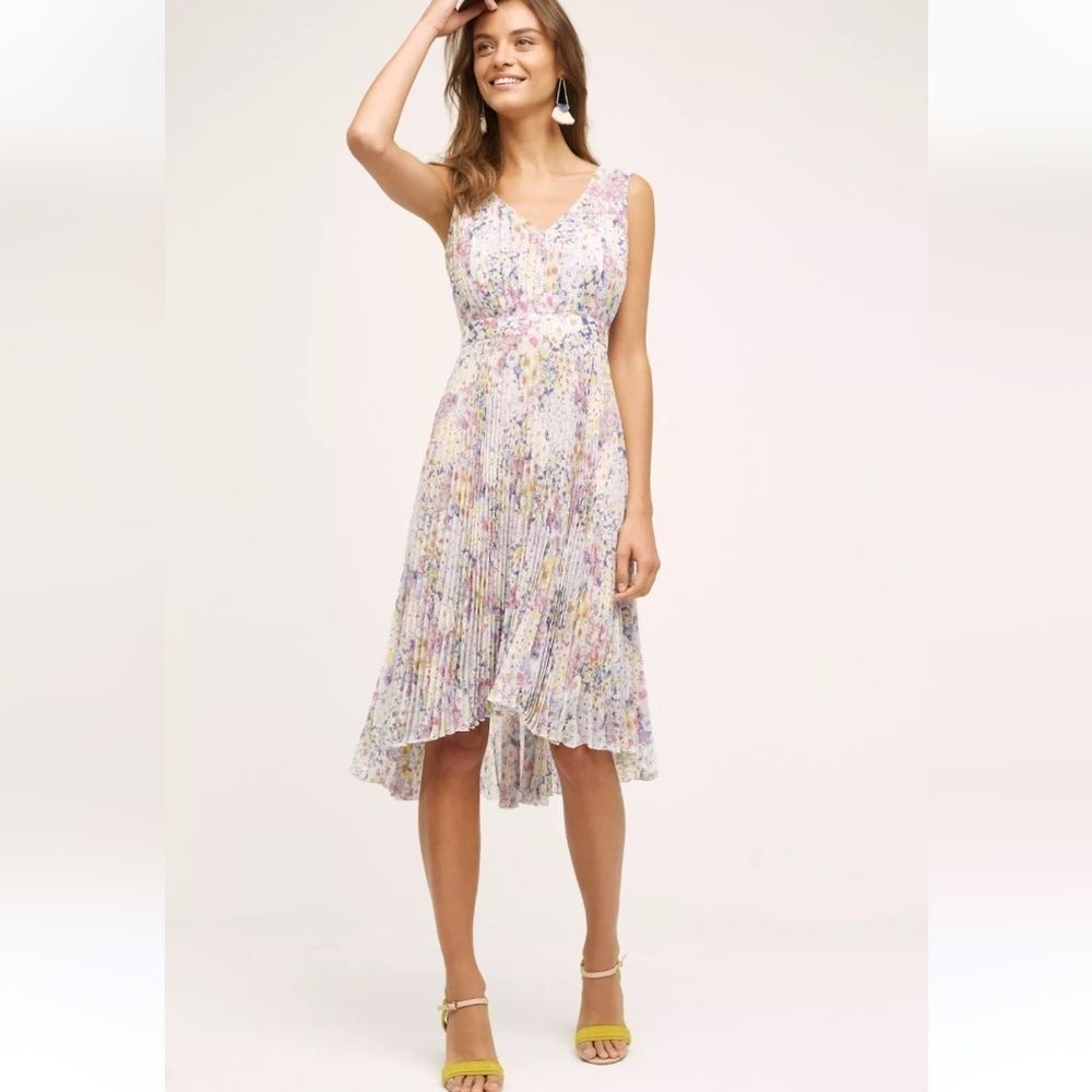 Plenty Tracey Reese Accordion Pleated Floral Romantic Whimsy Vneck Dress 6 - Picture 2 of 9